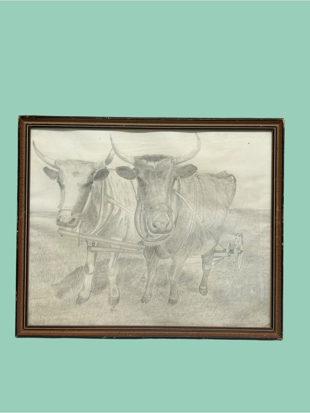 Vintage 1979 Original Oxen Pencil Drawing Framed 15x18 Rustic Western Art